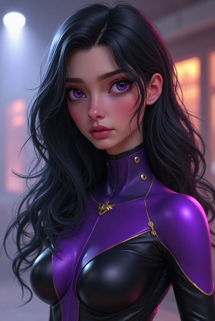 (ultra realistic,32k, masterpiece:1.2),(high detailed skin:1.1),( high quality:1.1),
<lora:jaynaWT:0.5>(lonely:1.1),(eyeliner,long lashes, mascara:1.1),jayna, short hair, black hair, lips, purple eyes, pointy ears,blunt bangs, bobcut, dark skin,purple gloves, purple bodysuit, purple belt, purple boots,,(looking at viewer, portrait:1.1),, huge breast,large breast,<lora:add_detail:0.82>,
(dense light rays:1.1),