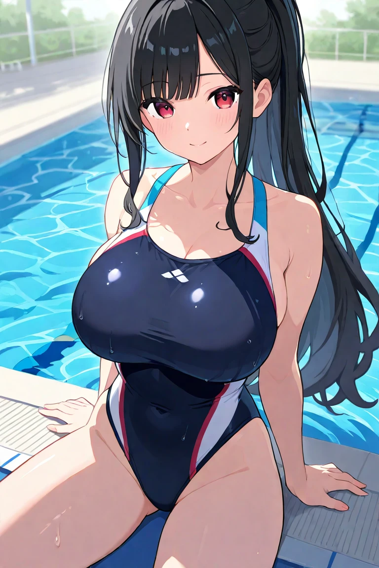 blush,bare arms, Wet, indoor pool,strap slip, blue one-piece swimsuit, Swimsuit,(big breasts:1.5),looking at the viewer,Are standing,(((masterpiece))),((highest quality)),perfect anatomy,8K UHD,highly detailed face,luster and luster,((1 girl)),((alone)),beautiful and fine eyes,perfect image,(Upper body:1.1),(look ahead:1.1),turn your arms behind your back,slim waist,(shiny hair),black hair,black skin,(medium long hair:0.6),