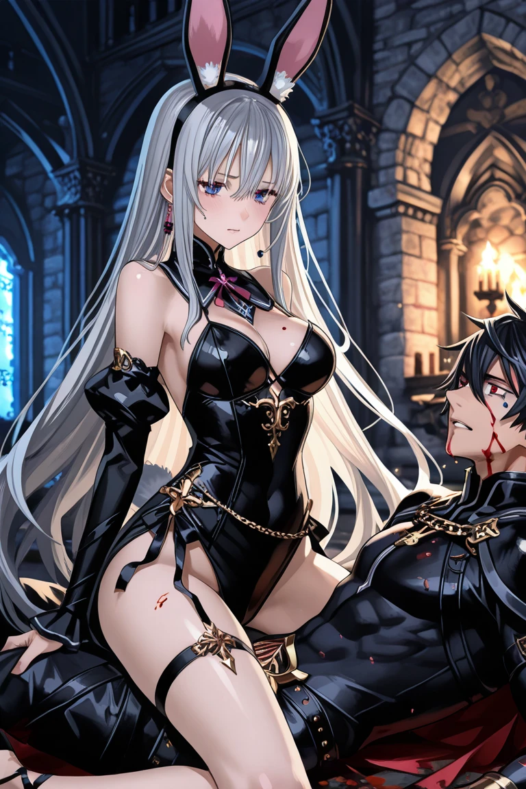 An enchanting ballroom under the moonlight, couples gracefully waltzing, the protagonist in a dazzling outfit, leading the dance with a mysterious partner, capturing the intricate details of the clothing, expression, and elegance, closer view