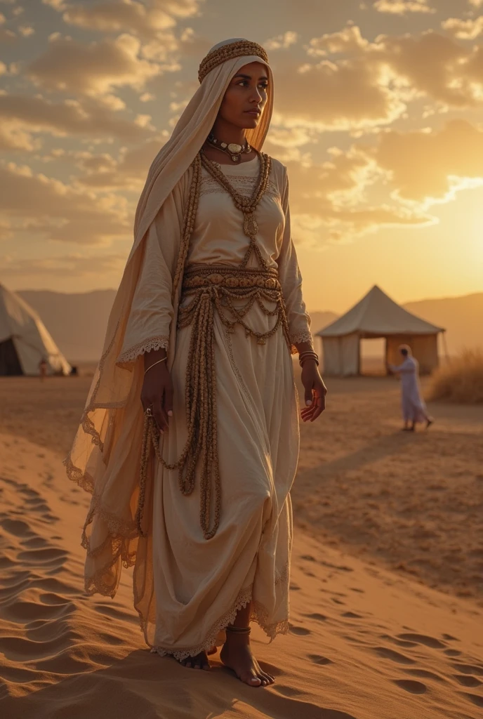 Foto hiperrealista en primer plano de Naomi Campbell, Create dystopian masterpieces. in a full cover bedouin costume (blue tunic) on the desert, beautiful woman, skinny, medium breasts, black long hair, detailed face, smile, facing the camera, photo taken from a distance, age of 14 years old