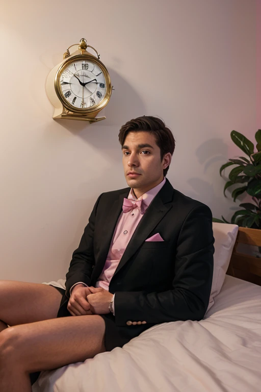 1 man, young middle-aged man, smirks, solo, white skin, chubby musculine man, tall, hunk, big biceps, abs, big thighs, wide shoulder, open chest, black short hair, wet body, wet hair, fishnet black singlet, lying on the bed, transparent thong erotic, viewer looking, high resolution:1.2, best quality, upper body shot, flat style, men bedroom background, low camera angle, volumetric lighting, depth of field, shadow, bedroom environment