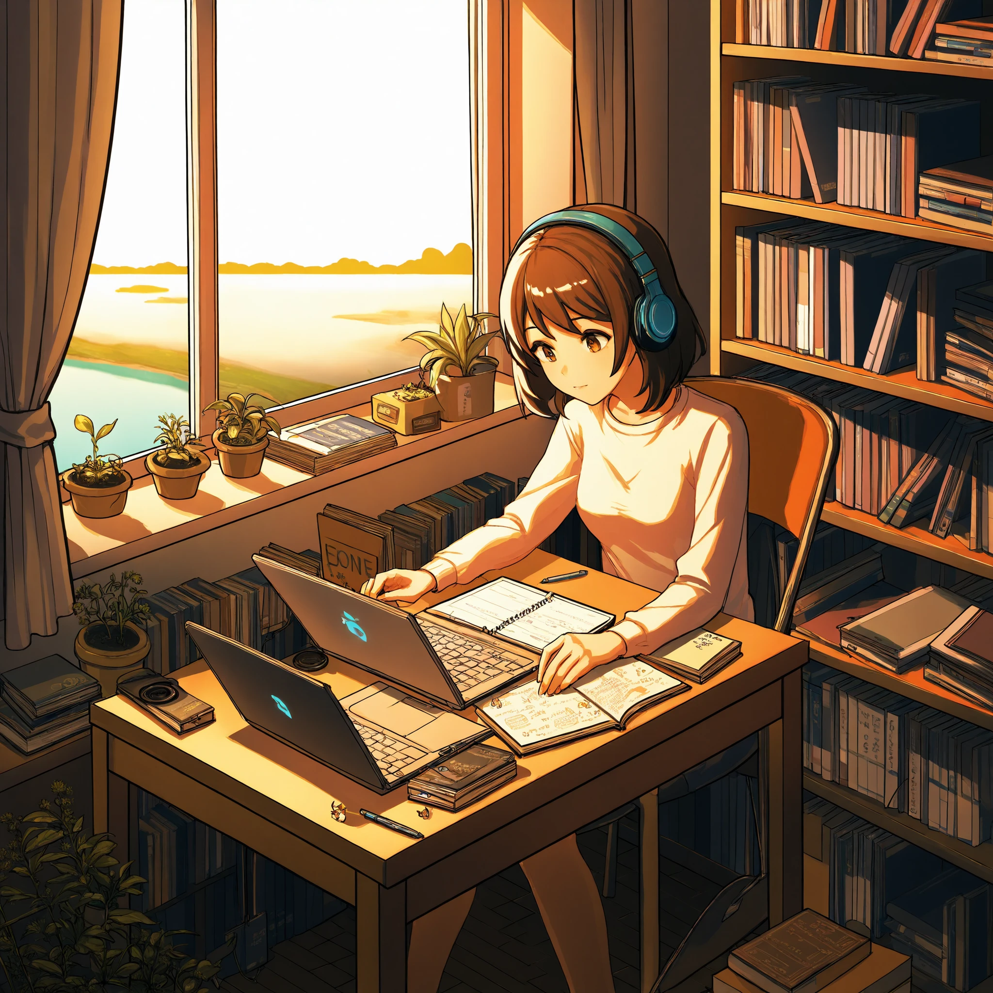 A woman wearing headphones is working in her room, She's opening her notebook, laptop, Some materials. and she's focused on writing or typing. Outside the window is a lake、On the bookshelf、 full of books , small plants in the background . The scene is peaceful and eager to study、