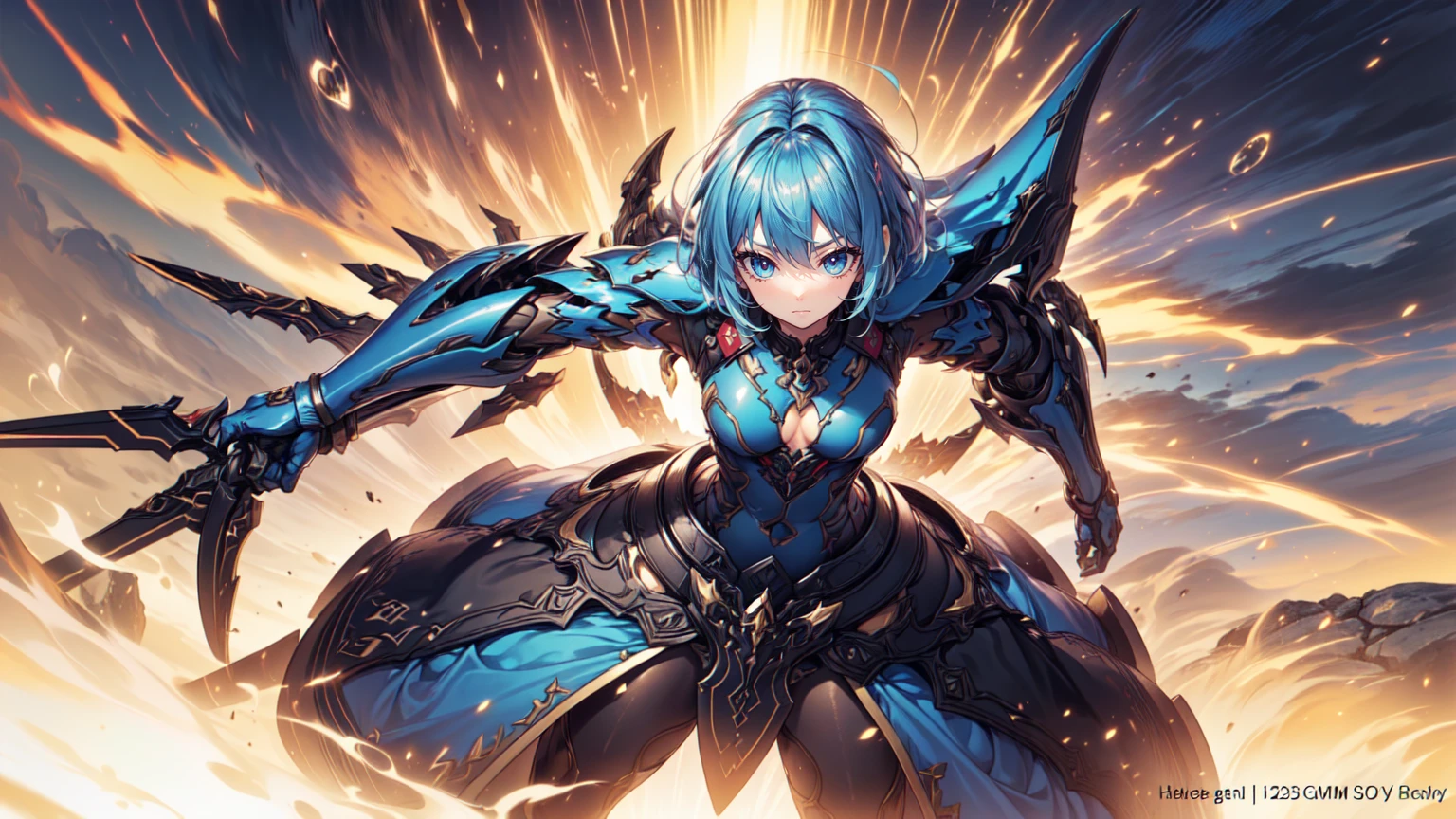 best quality,4k,8k,highres,masterpiece:1.2),ultra-detailed, extremely detailed eyes, extremely detailed body, (large masterpiece digital art), (detailed manga illustration), (detailed line art), ((perfect anatomy)), (intricate details:1.3), (ultra-detailed:1.3), (illustration:1.3), (sharp focus:1.3), (natural lighting:1.05), (vivid colors:1.3), (masterpiece), best quality, expressive eyes, perfect face, 1 girl, breasts, gloves, large breasts, {blue hair}, medium hair, wavy hair, (gray eyes), hourglass physique, huge ass, dynamic pose, dynamic lighting, fur trim, hair bun, glowing, crystal, helm, helmet, armor, ((full armor)), cuisses, shoulder armor, belt, hand guard, boots, glove, particles stream, creationmagic, ethereal creation, Magic Circle, glowing, crystal, jim lee, Brazilian woman, hair bun, fur trim, jewelry, crystal, wild energy, cinematic lighting, heroic atmosphere, Beautiful woman, Atey Ghailan, Jeremy Mann, Greg Manchess, Antonio Moro, trend in ArtStation, trend in CGSociety, Intricate, High Detail, Sharp focus, dramatic and photorealistic painting art by Midjourney and Greg Rutkowski, Marvel Cinematic Universe style, (((mystical gothic castle in the background))), crystal sword in hand,