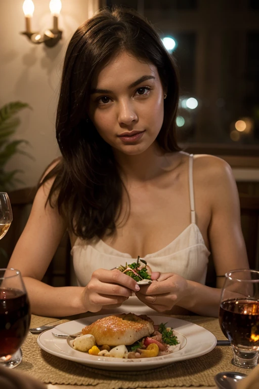 photograph of a 20yo woman, perfect face, master part, in cocktail dress, rough skin, dark lighting, key light on hair, eating expensive dinner in restaurant