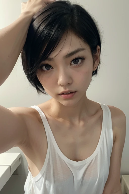　Photo of one girl, Gentle expression、Symmetrical face、Highly detailed face and skin texture、No makeup、A small smile、Soft look、(looking at the camera)、Unkempt eyebrows、Symmetrical black eyes、Messy medium-short hair、Thick hair、Coarse hair、High-quality khaki tank top、nice, Japanese Gravure Idol