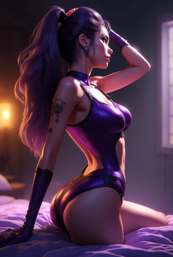 Katy perry as a sexy beautiful female superhero. purple hair blur eyes wears a tight form fitting outfit that is pink-purple with a white outer layer with a balck and white sun symbol , sleveless, has a midriff with a ring on the center of her abdomen. wears pink-purple shorts with a white outer layer, long black stockings, pink-purple long knee boot portrait photography by artgerm, in the style of realism, glistening skin, cartooncore, mangacore, natural lighting, Defined full lips. Muscular fitness feminine body