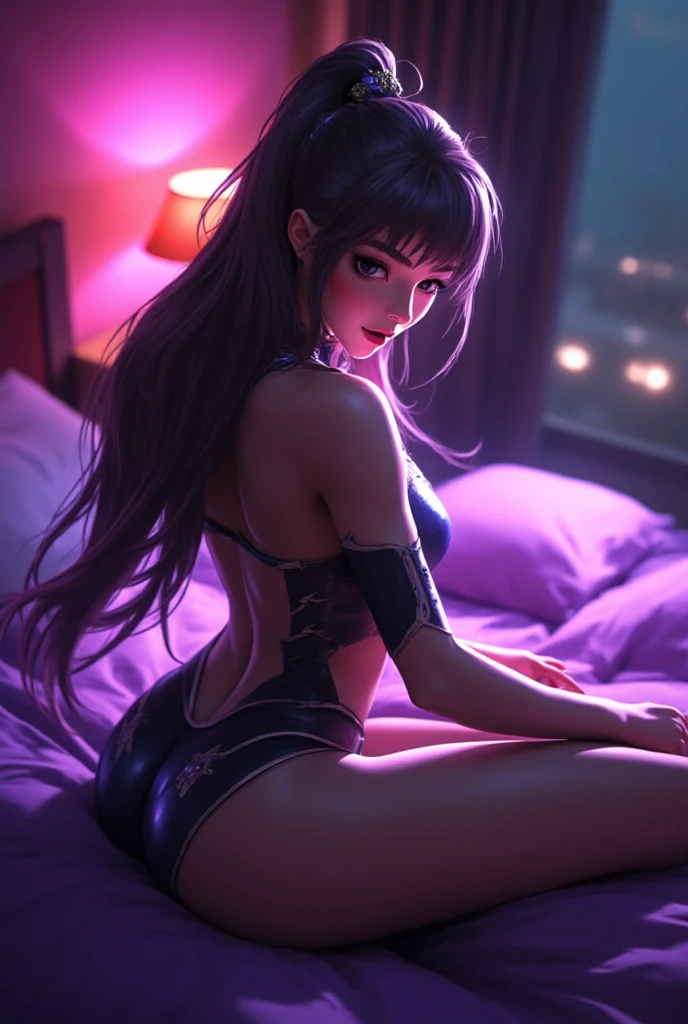 Purple bra, purple suspender stockings, long brown wavy hair standing beauty，((blue eyes)), ((posterior view)), ((perfect ass)),  ana de armas, hair with many details, beautiful sensual neckline, medium breasts, 8k artgerm bokeh, fanart best artstation, render photorealistic girl, art in the style of guweiz, inspired by WLOP, ig model | artgerm, deviantart artstation cgscosiety, sexy, in bedroom