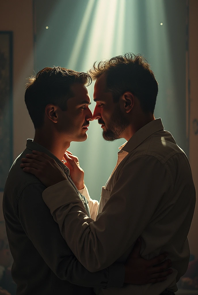 forbidden love, masterpiece, best quality, 2boyales, beards, chavs, rough, dirty, Mancunian, mean, bullies, druggies, skinheads, in the neighbourhood, , soft kiss , realistic, dramatic lighting, atmospheric, intricate detail,