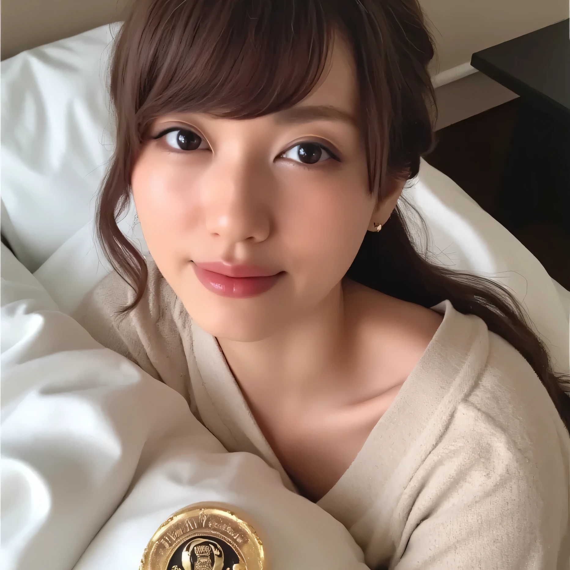 looking at viewer, (Lola:Fujii Yukiyo) (8K)(ponytail)(1 person,solo)(1 personの写真)(pink lipstick)()()()(off shoulder sweater 1:2)()(Hotel)(big beautiful breasts 1:2)(lying face down on bed)