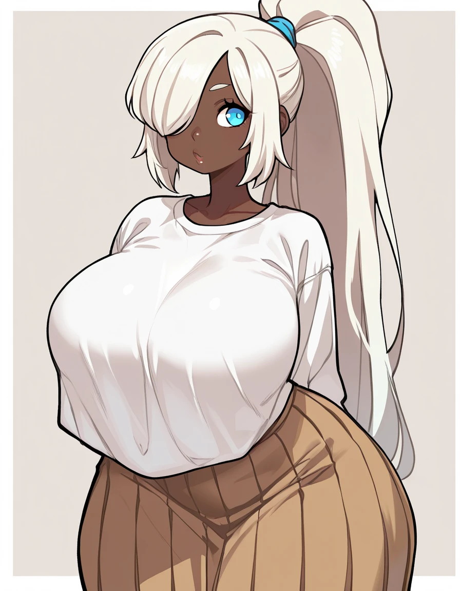 NSFW, ((black skin Drow)) (short pants, topless), (gigantic breasts, huge breasts, Big breast), firm breasts, slim waist, curvy figure, arms behind back, (white_hair, red_eyes), long braids, ((shortstack))