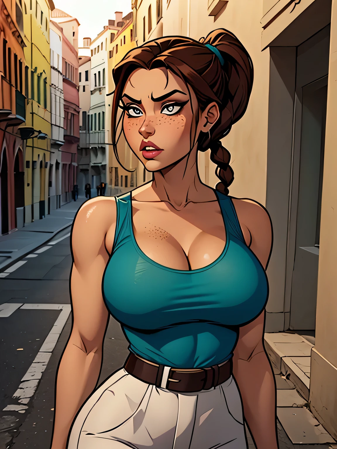 (masterpiece, top quality, best quality, official art, beautiful and aesthetic:1.2), (1girl:1.3), long dark brown hair, ((loose ponytail)), extremely detailed, portrait, looking at viewer, solo, (full body:0.6), detailed background, close up, mischievous green eyes, (warm nature theme:1.1), extremely busty slender brunette, jogging, running, huge lips, cheerful, mysterious, dark grey workout clothes, blue trim, sports bra, racerback, sleeveless, leggings, shorts, ponytail, slender, gigantic breasts, cleavage, skindentation, bouncing breasts, slim waist, slim hips, long legs, modern (city park exterior:1.1) background, bright optimistic lighting, shadows, magical atmosphere, dutch angle