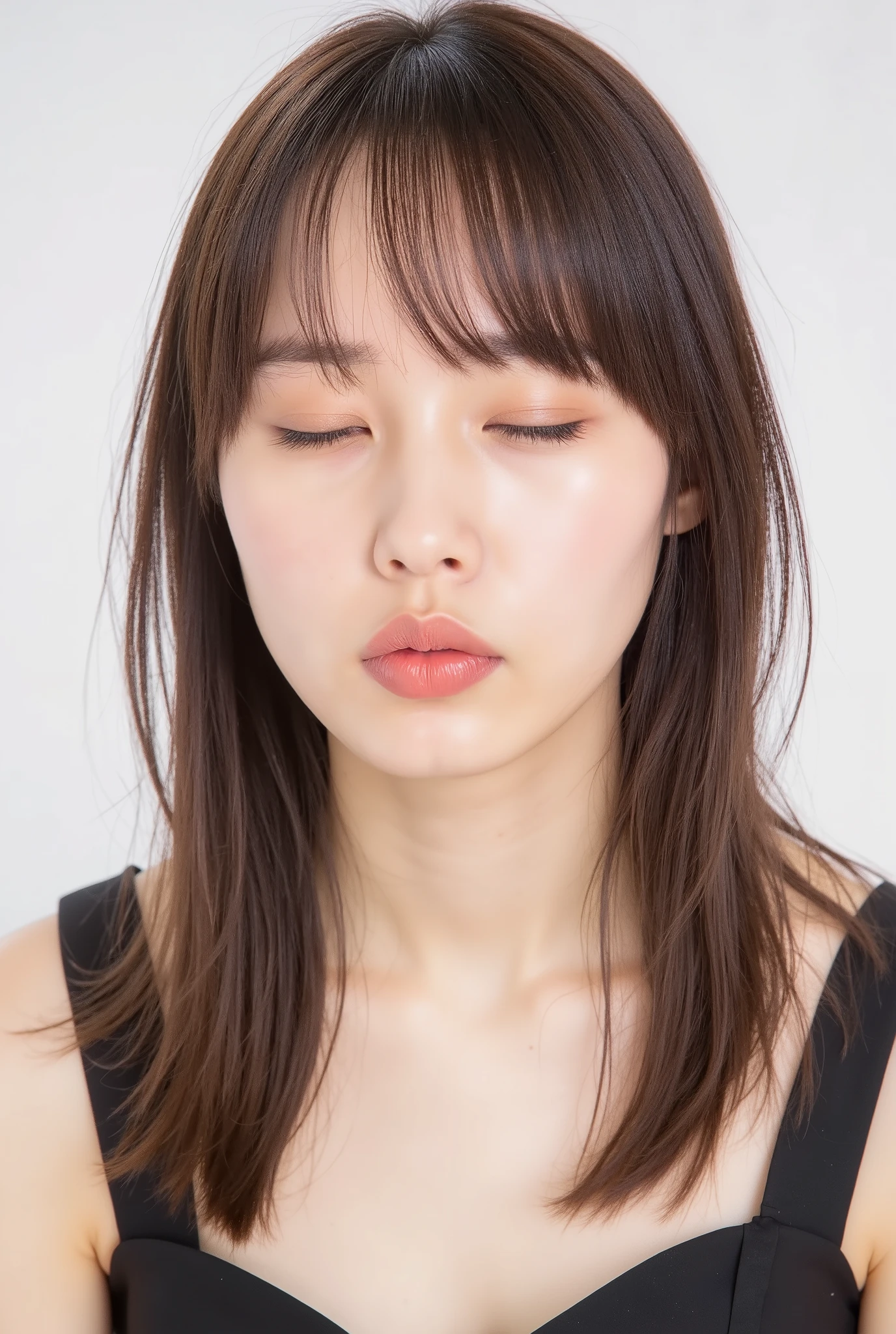 beautiful young woman, eyes closed, cheeks deeply flushed, soft embarrassed smile, outer eye corners lowered, longing expression, desperate affection, yearning, head tilted slightly back, lips extremely puckered and protruded, lips tightly pursed and pushed forward, exaggerated kissy lips, kiss-ready lips, heart-shaped lips, glossy soft pink lips with intense wet highlights, focus on lips, blurred facial outline, matte textured skin with fine peach fuzz, black camisole, camera angle from slightly above and centered, visible from collarbone up, hands behind back, white studio background