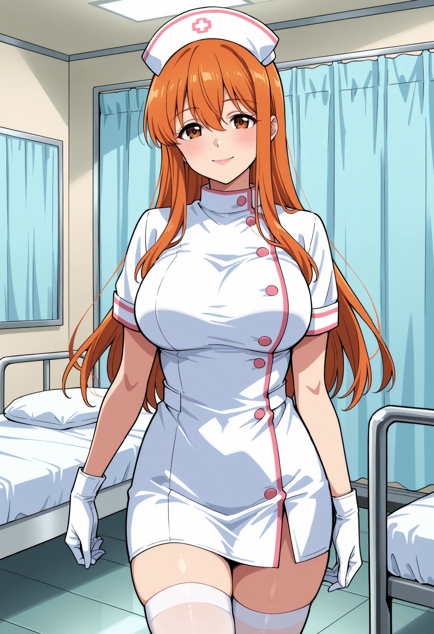 Score_9, score_8_up, score_7_up, source_anime, Aki Minami, solo, long hair, orange hair, sidelocks, hair between eyes, bangs, brown eyes, large breasts, (best quality), (high quality), {masterpiece}, extremely delicate and beautiful, ultra-detailed, beautiful detailed eyes, nurse, nurse hat, ((white nurse's outfit)), white gloves, white thighhighs, hospital room, pink lips, smile, closed mouth, standing