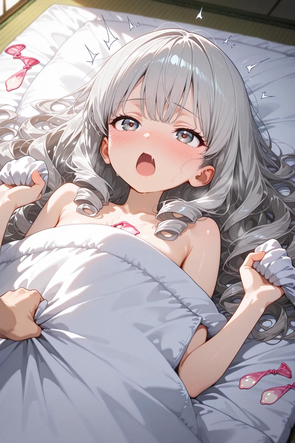 (masterpiece, highest quality), Bedroom, 1 girl, , , breasts, ((((flat chest)))), flat breasts, ((shirt lift)), ((lifted by self)), (ahegao), steam, (show off nipples), (sweat), cum, ((cum fasial)), (cum on hair), (((cum on stomach))), cum in mouth, openmouth, (crop top), (unzipped shorts), (open fly), (kids printed panties), in a colorful Bedroom, lying in bed, From above, morning, bright sunshine, white, Bright colors, watercolor, cowboy shot, 