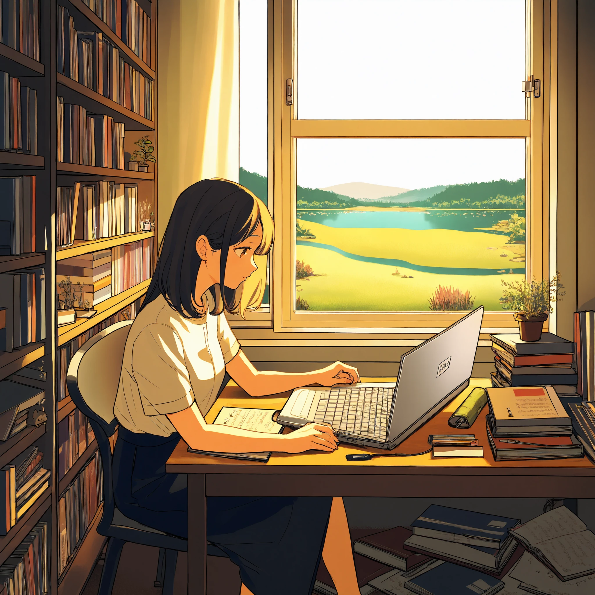 A woman is working in her room, She's opening her notebook, laptop, Some materials. and she's focused on writing or typing. Outside the window is a lake、On the bookshelf、 full of books , small plants in the background . The scene is peaceful and eager to study、