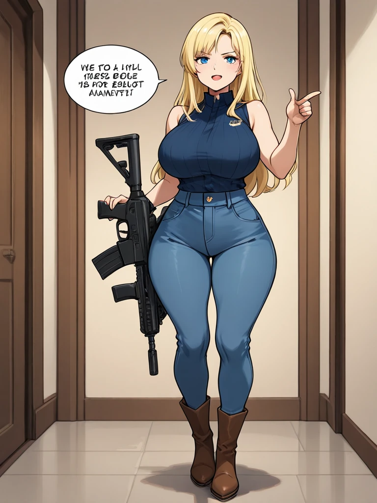 woman blond bimbo massive lipes , full lipes with large breasts and massive ass ,top quality, best quality, highres, masterpiece, super high resolution, detailed background,absurdres(highly detailed beautiful face and eyes)perfect anatomy, good lighting, cinematic shadow assorted expressions, assorted poses, assorted angles, full body, upper shot, dynamic anglecomic-like panel layouts, speech balloon, English text, Hand-drawn sound effects stickers used in girls comic. woman wearing green bikini and black hot pants , fighting goblin horde
