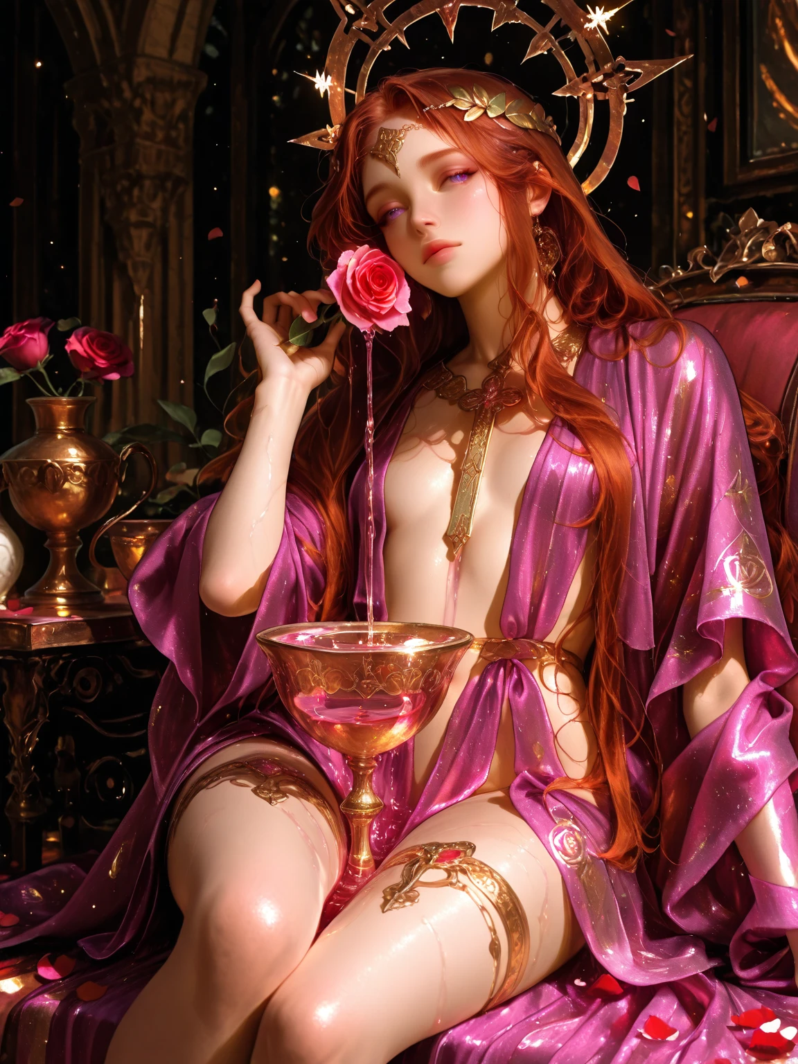  (8k RAW photo, hyper realistic, masterpiece, best quality, crisp detail, high definition, high detail, very rich detail, sharp focus, sharp detail, colorful, rich color, cinematic, perfect studio lighting, full body photograph, mystic atmosphere), (((bare naked, fully nude, showing bare pussy, showing bare nipples))), (a young colorfull lust goddess, very long smooth straight haired, pink haired), (arrousing, temptating viewer), (seductive, sensual, sexual posing on a golden goddess statue, in a golden temple, sorrounded by naked female slaves)