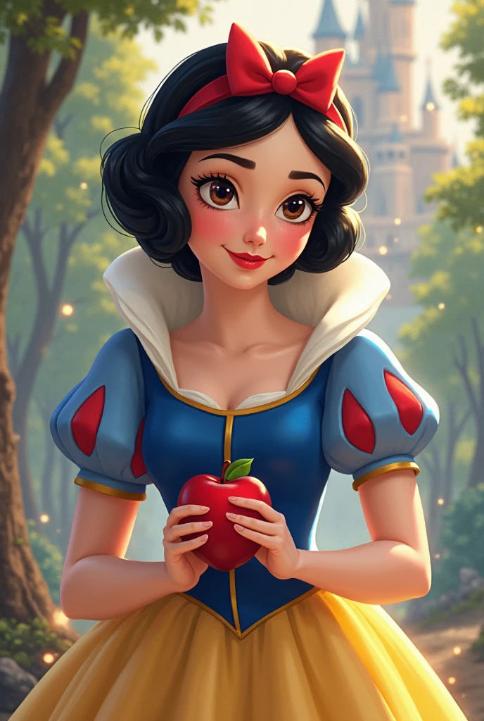 score_9, score_8_up, score_7_up, score_6_up, cute girl, puffy sleeves, dress, yellow skirt, corset, curvy, medium breasts, narrow waist, wide hips, thick thighs, looking at viewer, dynamic angle, cowboy shot, cartoon, dynamic pose, from above, sfw, holding an apple,
 <lora:SnowWhiteXLP_character:1>SnowWhiteXLP
