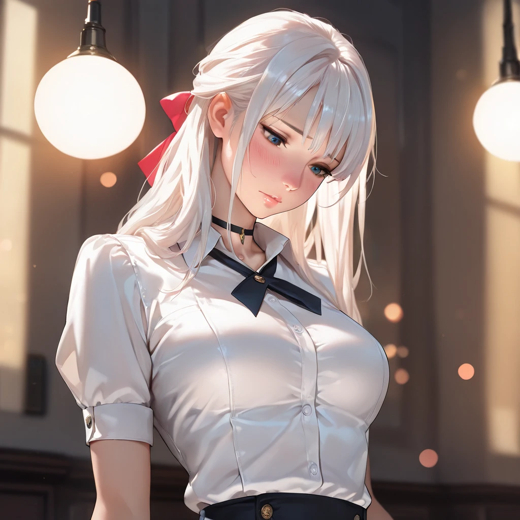 (Masterpiece3.0, best quality2.0, 8k anime film, ultra realistic detailed lively,photography)📸,grey hair, long hair, twintails, bangs, hair between eyes, animal ears, fox ears, animal ear fluff, red eyes, tail, fox tail, virtual youtuber,grey hair, long hair, twintails, bangs, hair between eyes, animal ears, fox ears, animal ear fluff, red eyes, tail, fox tail, virtual youtuber, shirt, white shirt, long sleeves, sleeves past wrists, bow, hair bow, red bow, ribbon, skirt, pleated skirt, black skirt,milfication, mature female, gigantic breasts
