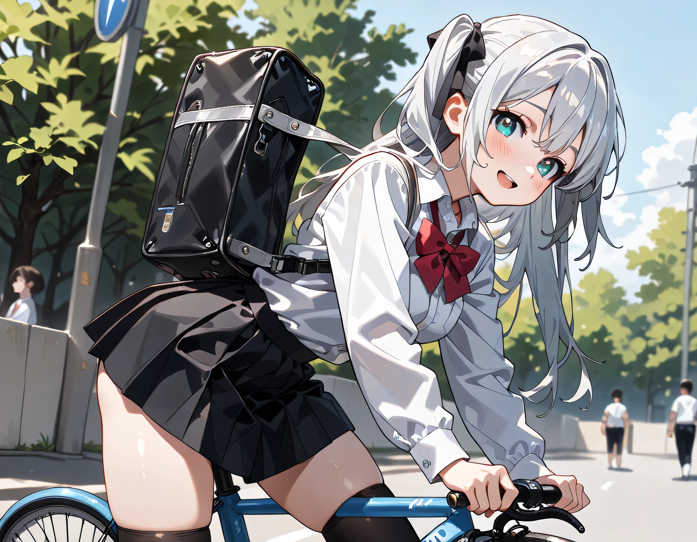 ((ultra-detailed)), (highly detailed CG illustration), (best quality:1.2), ultra-highly detailed, colorful composition, artistic photoshoot, 1girl, solo focus, cowboy shot, moe anime character, girl, dainty facial structure, baby face, round face, rounded chin:1.2, ideal ratio body proportions, blue eyes, sparkle eyes, silver hair color, long hair, two side up, hair ribbon with black, ample breasts, school uniform, red neck bow, long sleeves white shirt, black pleated skirt, and black high socks, school bag from her shoulder,from below, look of anticipation, (smile:1.3), (happy:1.3), (joyful:1.3), (blush:1.3), (bashful:1.3), hot:1.4, (sweat:1.4), excited, open mouth:1.2, Waving hand, petals glowing and fluttering, riding a bike by the street:1.3, Bike to school, shiridingforward, shiridingbike, ass, riding bicycle, from behind, ass focus, bicycle, close-up, shiridingside, shiridingbike, from side, ass, riding bicycle, bicycle, on commuting to school, beautiful detailed sky, dynamic pose, contrapposto pose, looking at viewer, best quality, masterpiece, looking up, expecting, pink cheek, blush, light pink gloss slip, portrait, depth of field, soft lighting, sidelighting, shine, lighting, caustics, ray tracing, perfect face, lustrous skin, highly detailed face, highly detailed eyes, perfect face, perfect nose, perfect hair, perfect eyes, perfect anatomy, beautiful hair, beautiful small face, extremely detailed face, beautiful detailed eyes, beautiful clavicle, beautiful body, beautiful ample breasts, leavage, breasts squeezed together, equalize the size of the left and right breasts, beautiful fingers, 4 fingers, 1 thumb, lovely, (very detailed background:1.0), (highly detailed background:1.0), summer aesthetic, intricate details, sexy atmosphere, summer colors palette, chromatic aberration