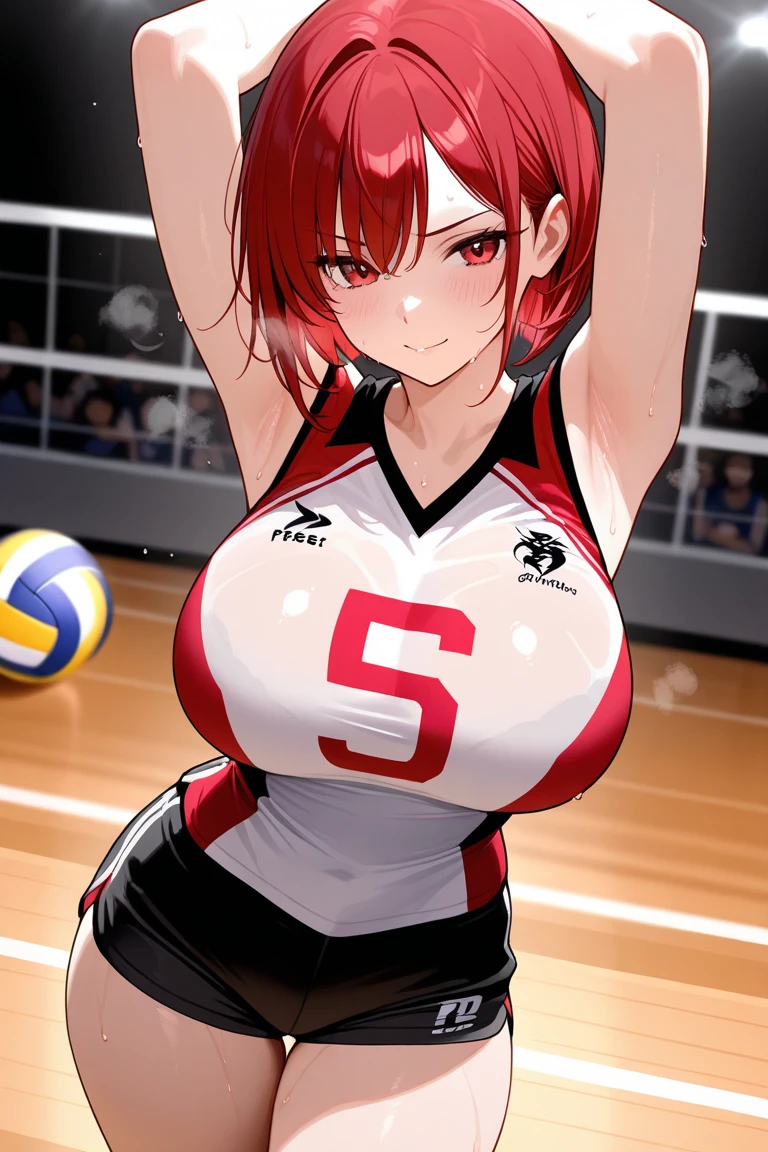 masterpiece:1.2, best quality), realistic, (real picture, intricate details, depth of field), (1girl, solo), make up, parted lips, highly-detailed, perfect face, (huge breasts:1.4), (skindentation), thick thighs, wide hips, small waist, tall, glossy coral lips, red hairs, red eyes, ponytail, (A girl playing volleyball, white volleyball uniform), (sweating:1.2), (wet), sexy, blushing,