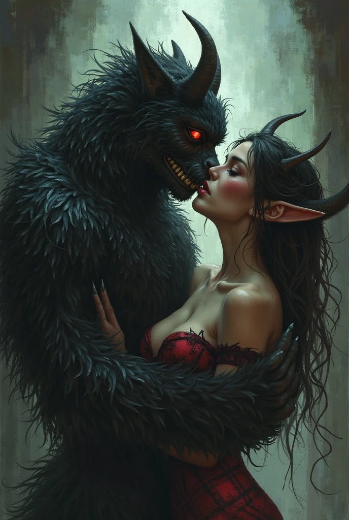 horror , (beauty and bestiality) , beautiful woman , (with ugly beast) , moist thin eyes , glossy lips , Swollen cheeks , heart is beating fast , messy dress , Devour each other like beasts