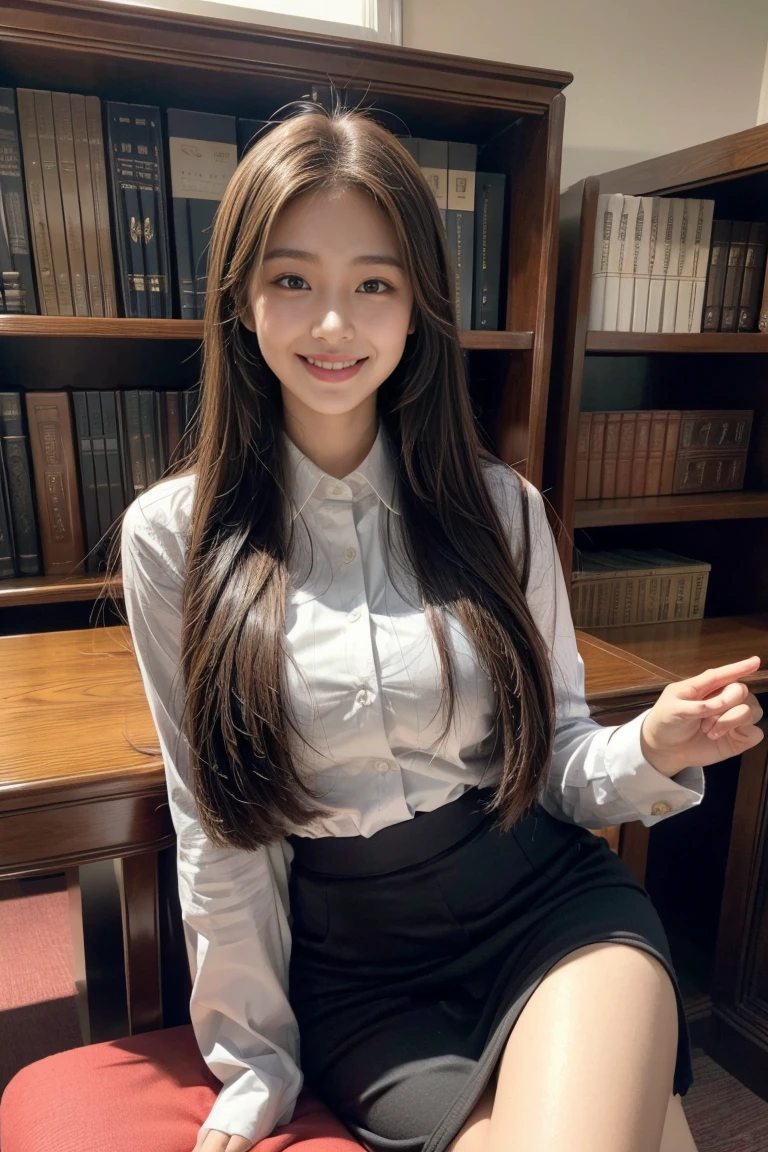 Image of a woman sitting on a chair、((top-quality、8K、masterpiece:1.3))、foco nítido:1.2、Beautiful Women in Perfect Style:1.4、Slender Abs:1.2、((dark brown hair、Colossal tits:1.2))、,Business Womenswear,(jaket:1.1),(The shirt:1.1),(Wrap skirt:1.1),Jewelry,MO Size,Stockings,black lence stockings,Goosebumps,Goose - meat,(fidelity:1.3),Filigree,quality,(tmasterpiece:1.2),(fidelity:1.2)、Room on the top floor of the office、Highly detailed facial and skin texture、A detailed eye、二重まぶた、A smile、