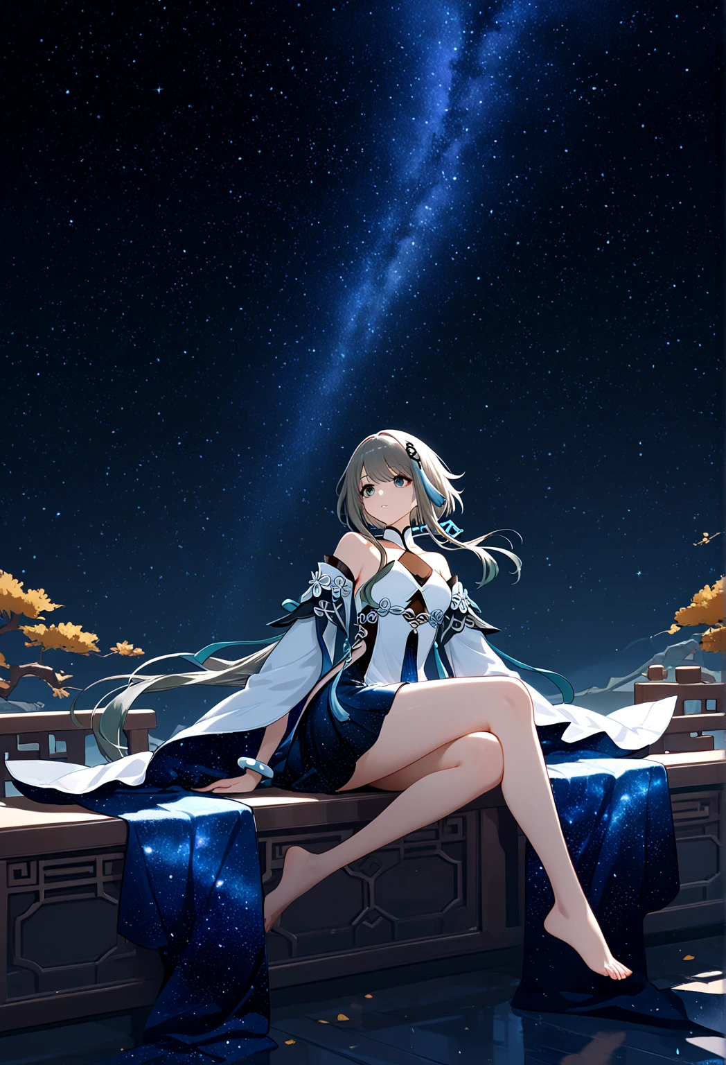 one-girl,Excellent quality,Look into the distance under a night sky where a field of comets crosses the sky,Sit on the roof,had his hands folded,Dressed in virgin's costume