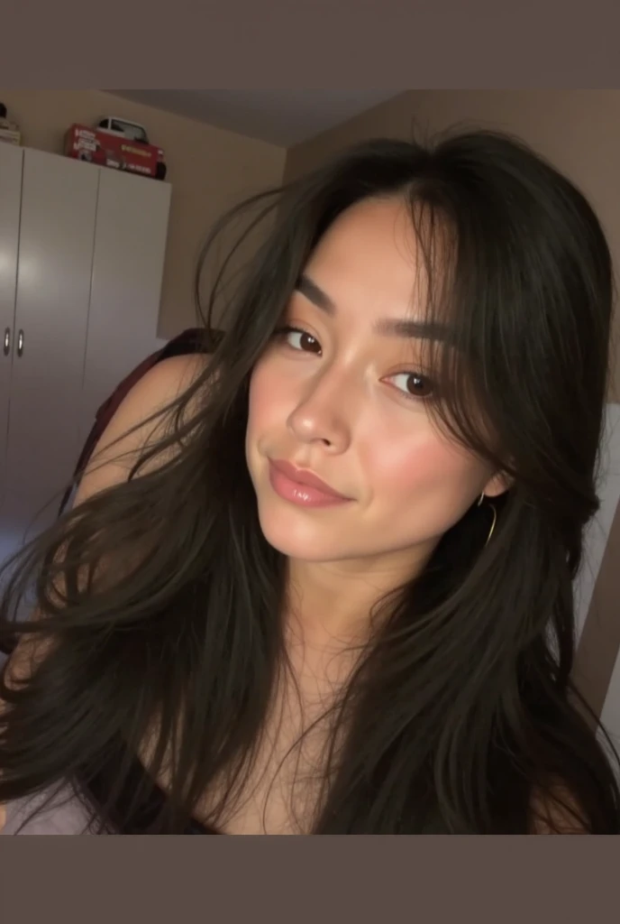 A young 19-year-old woman named Lila Nakamura with a mixed Japanese and Northern European heritage. She has thick dark black eyeliner, glossy lips, and a cute, endearing expression. She has straight, black hair with blonde highlights or a blonde tint that falls just past her shoulders, styled in a neat and polished manner. Her eyes are almond-shaped with a light, striking blue color, accentuated by subtle eyeshadow and mascara. Her skin has a light tone with a natural, fresh look, and she has a few delicate freckles across her nose. Nude, in the bedroom
