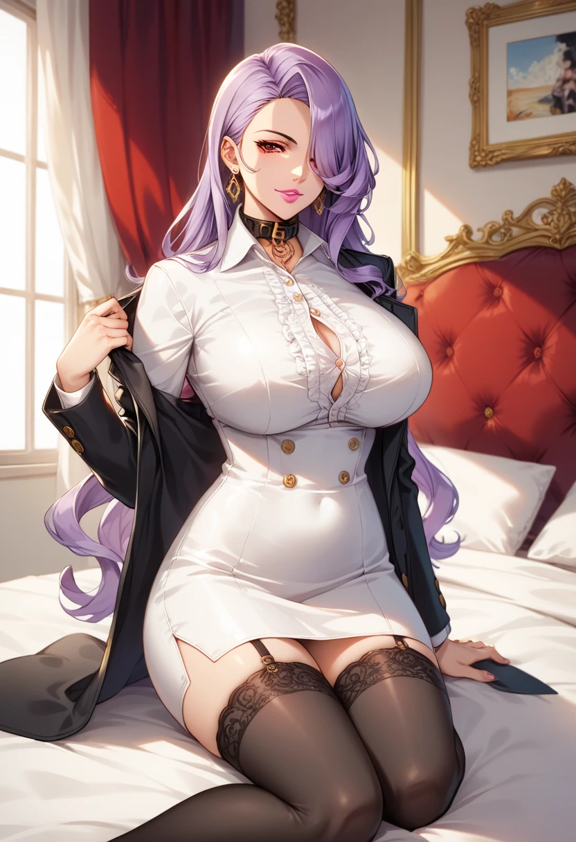 my little pony, black striped white hair, (pale white body), gray eyes, standing, big breasts, beautiful body, purple lips, thong, slave, short patterned skirt, light top