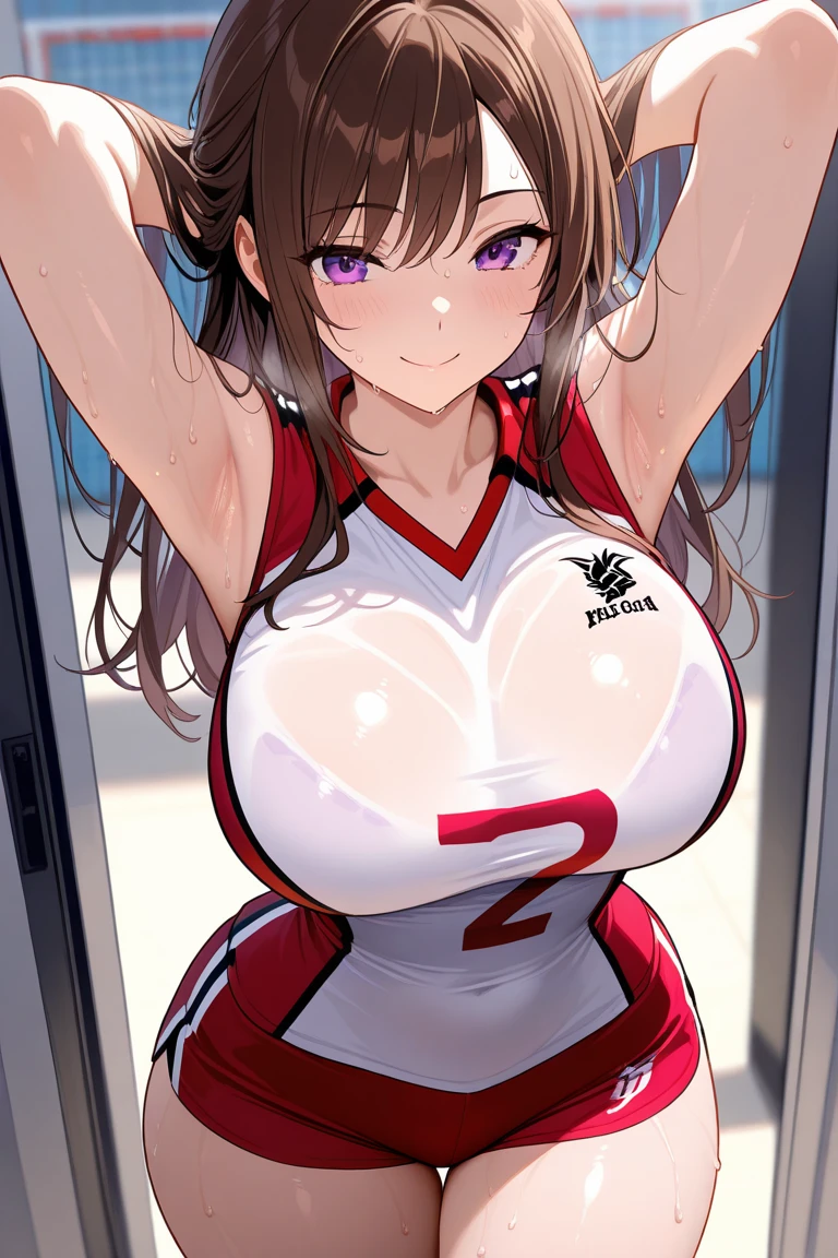 masterpiece:1.2, best quality), realistic, (real picture, intricate details, depth of field), (1girl, solo), make up, parted lips, highly-detailed, perfect face, (huge breasts:1.4), (skindentation), thick thighs, wide hips, small waist, tall, glossy coral lips, red hairs, red eyes, ponytail, (A girl playing volleyball, white volleyball uniform), (sweating:1.2), (wet), sexy, blushing,