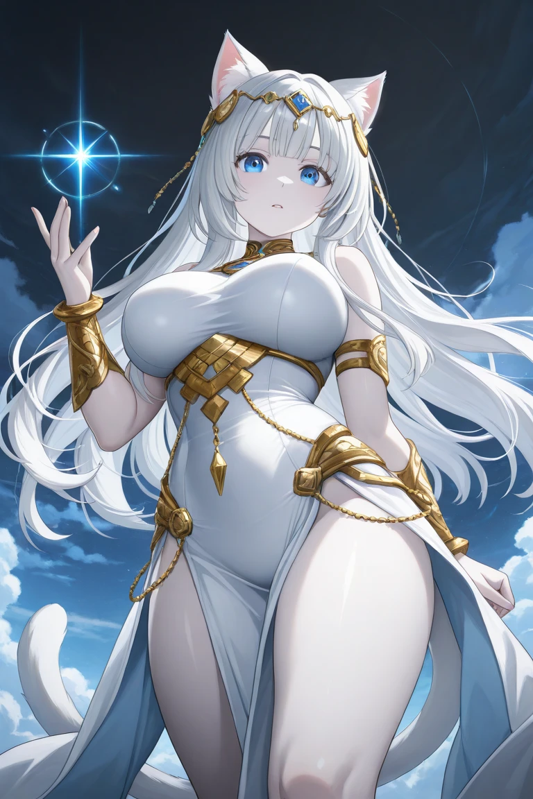 Norse mythology、femele、She wears golden ornaments all over her body、Naked except for accessories、large full breasts、long silver hair that reaches down to the legs、Standing in the steppe