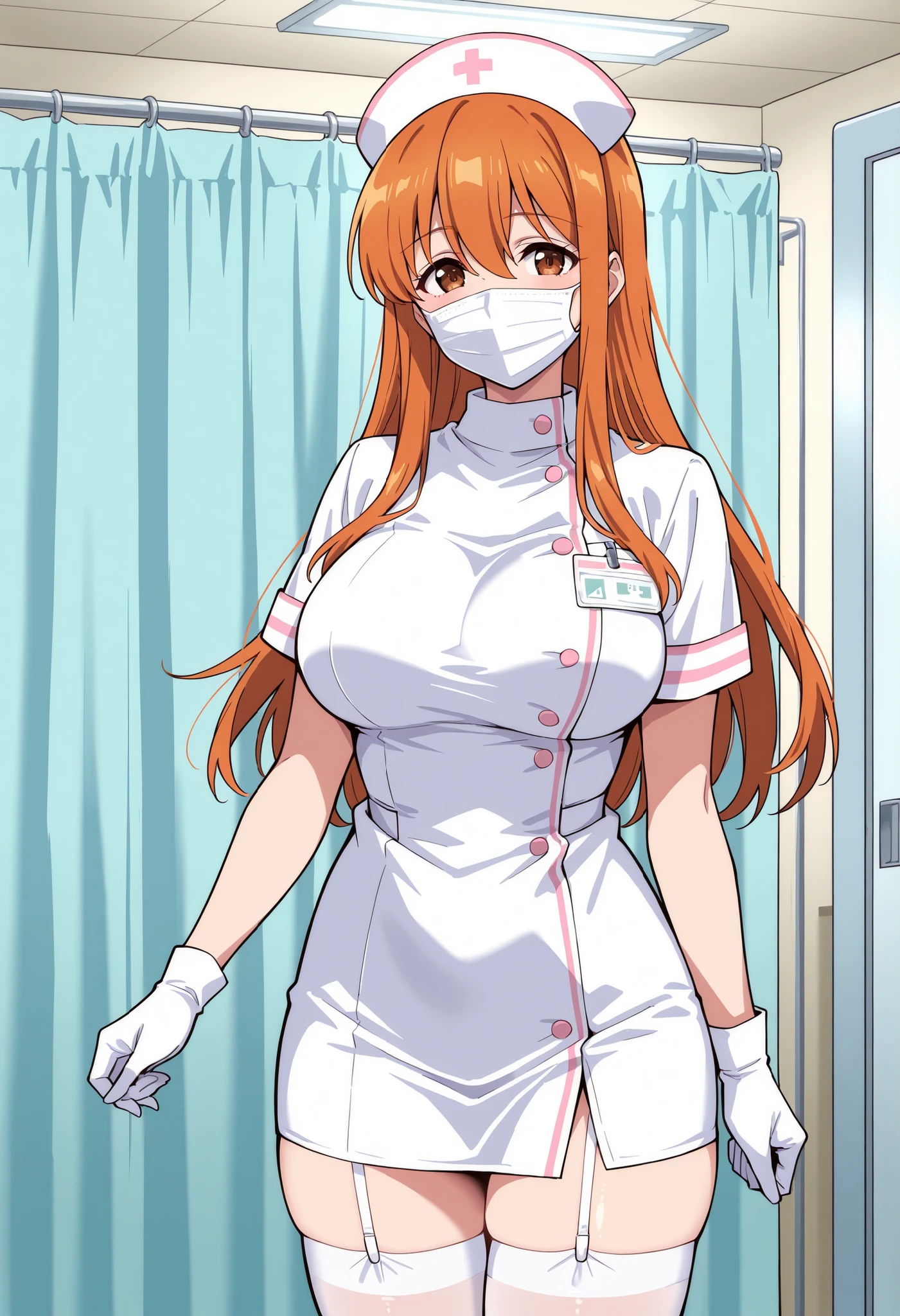 Score_9, score_8_up, score_7_up, source_anime, Aki Minami, solo, long hair, orange hair, sidelocks, hair between eyes, bangs, brown eyes, large breasts, (best quality), (high quality), {masterpiece}, extremely delicate and beautiful, ultra-detailed, beautiful detailed eyes, nurse, nurse hat, ((white nurse's outfit)), white gloves, white thighhighs, hospital room, ((white mask, mouth mask, covered nose)), standing