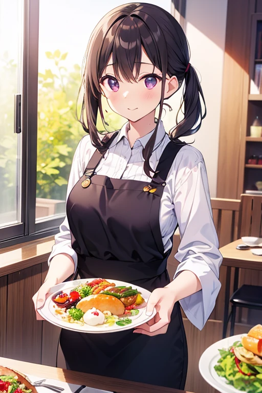 (best quality, masterpiece), 1girl, chef hat, dinner, looking at viewer,