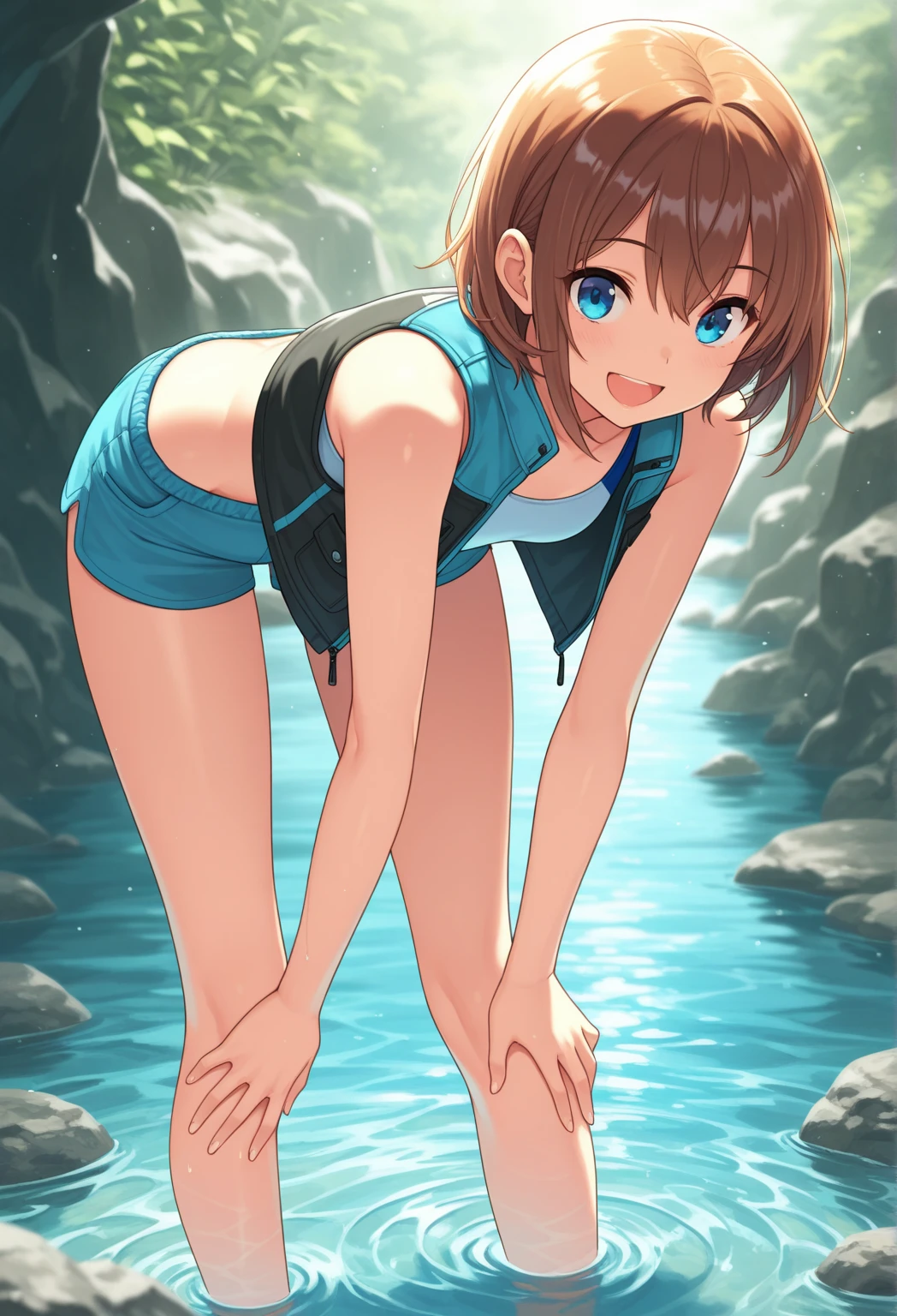 (masterpiece), (Highest quality), (Very detailed), Realistic, (Best illustrations), (Very delicate and beautiful), One girl, Shio-chan, alone, Very detailed風景, (Tan Lines), One piece swimsuit, Old school swimsuit, hair ornaments, smile, whole body, Detailed Background, water scenery, sunlight, Orange sailor collar, White shirt, No sleeve, Brown eyes, Short Ponytail, Wear a swimsuit under your clothes, swimming, Submerged, Freediving,