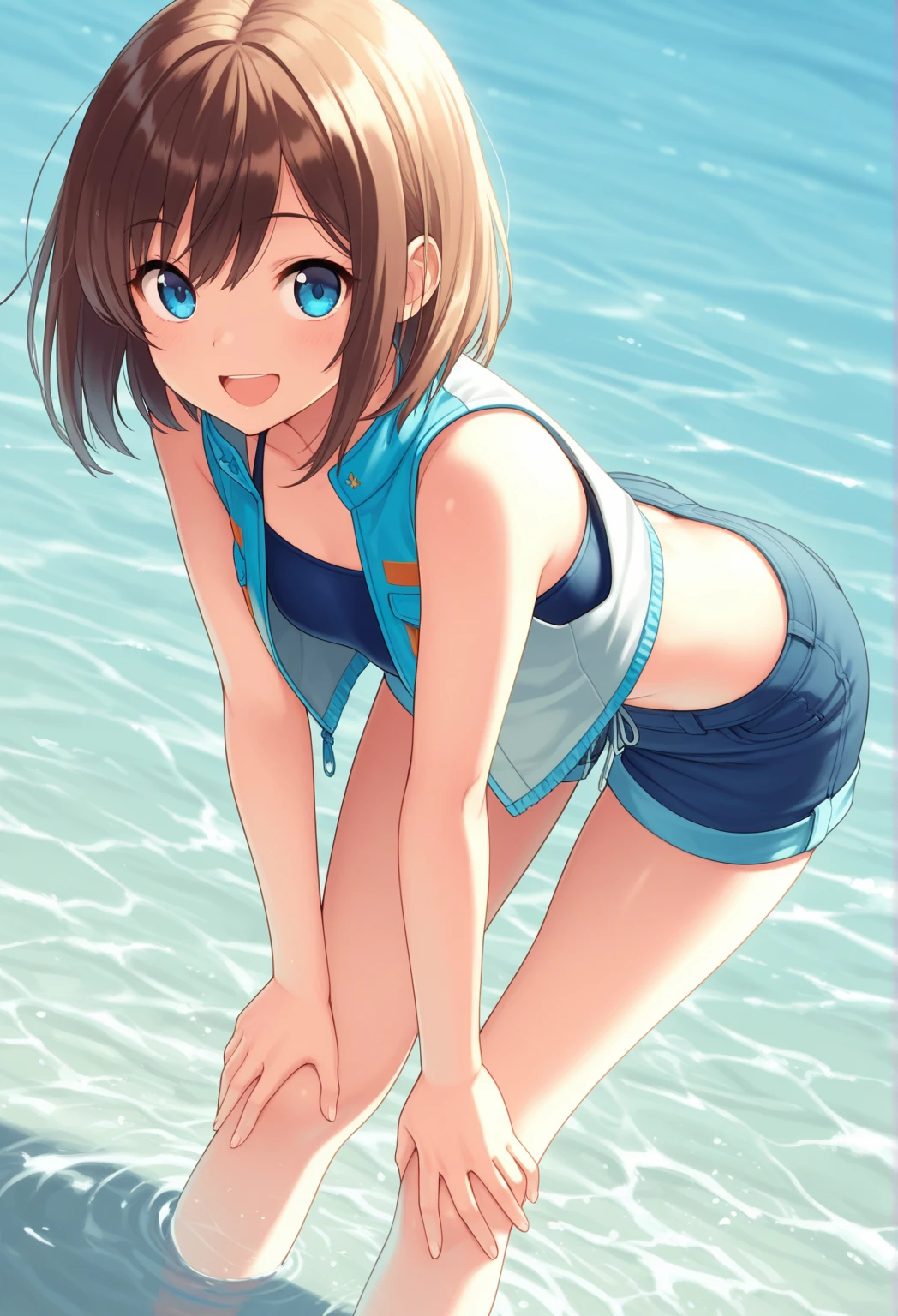 amamitsuki style, nsfw, masterpiece, ponytail, 1 girl, erect nipples, intricately detailed, topless, navel, bare shoulders, necklace, erect nipples, puffy nipples, brown hair, dolphin shorts, window, bedroom, curtain, Blue sky, extremely detailed, cg masterpiece, bare breasts, nipples, green eyes, bare stomach, sweaty, moist breath, small breasts, flat chests, wet body, arm strap, pale skin, smiling, sitting, flat colored