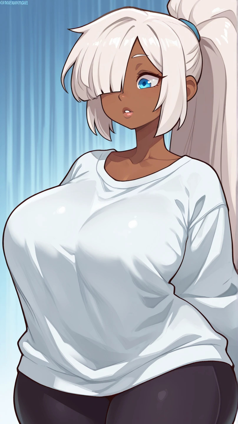 NSFW, ((ponytail white hair, pitch black skin, red eyes)) (short pants, (topless)), (gigantic breasts, huge breasts, Big breast), firm breasts , tall girl, slim waist, curvy figure
