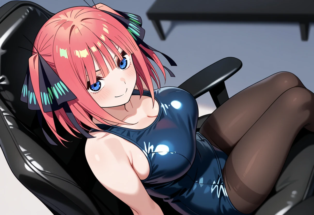 best quality, ultra-detailed masterpiece, nsfw, nino nakano, one-piece swimsuit, breasts, pantyhose, blush, smile, nipple