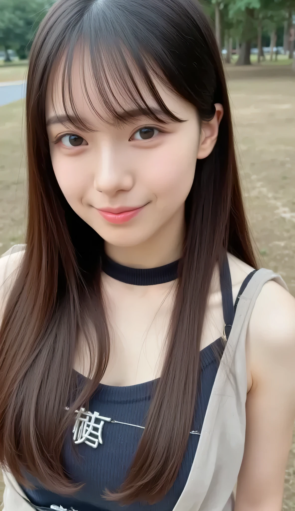 1 girl, 20 years old, young girl putting down her left leg, Japanese girl, Dark brown long hair, (I'm wearing a tank top with thin straps, plated mini skirt), Open button, button, ((breast implants 1)), Photo selfie, bend body , close-up, Natural Breasts, skinny, Chest, tongue.big eyes、cute face