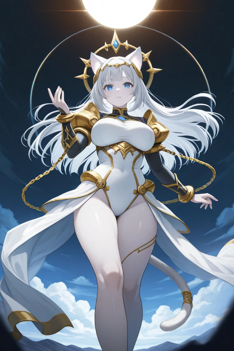 Busty female bunny,Fluffy white hair. Wearing simple and stylish golden bikini armor. . Kneeling and squatting,Full body portrait,Expression smile