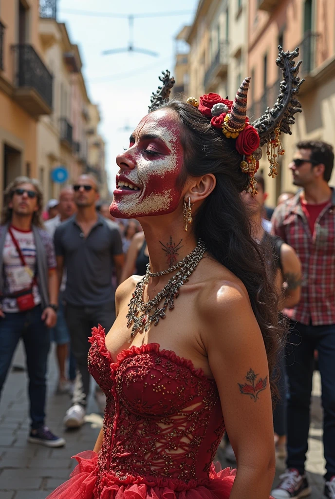 1woman, beautiful Mexican woman, light brown hair, topless, hard erect nipples, kneeling on cobble stones in front of castle, female in ktrmkp face paint, ktrmkp makeup, ktrmkp
