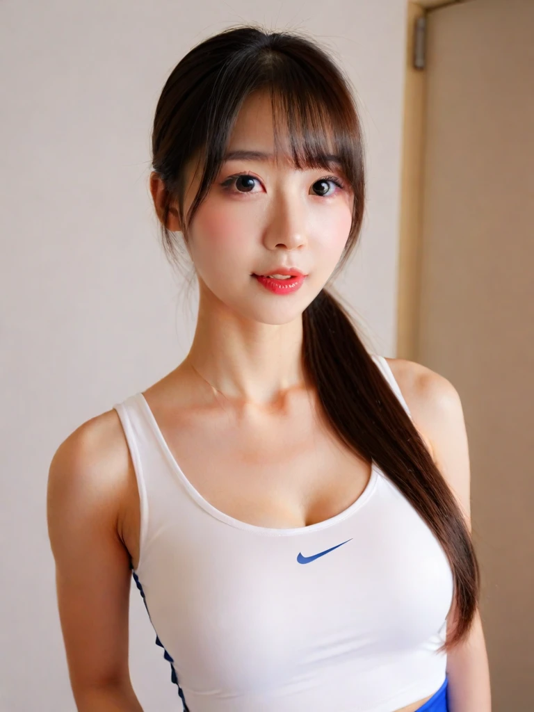 8k、high resolution、masterpiece、realistic、In detail、Fine texture、portrait from head to toe、high contrast、alone、high school girl、natural body shape、white skin、natural makeup、black hair、bangs、straight long hair、((School-specified gym clothes))((The upper body is a long, short-sleeved white gym uniform.、The lower body is dark blue tight highlegs leotard))、standing、(small breasts)、、((The upper body is wearing gym clothes))、((school classroom))、looking at the camera、、full body photo、focus on crotch、thighs exposed、white socks、white shoes, shy smile, cute natural face, arm behind back,