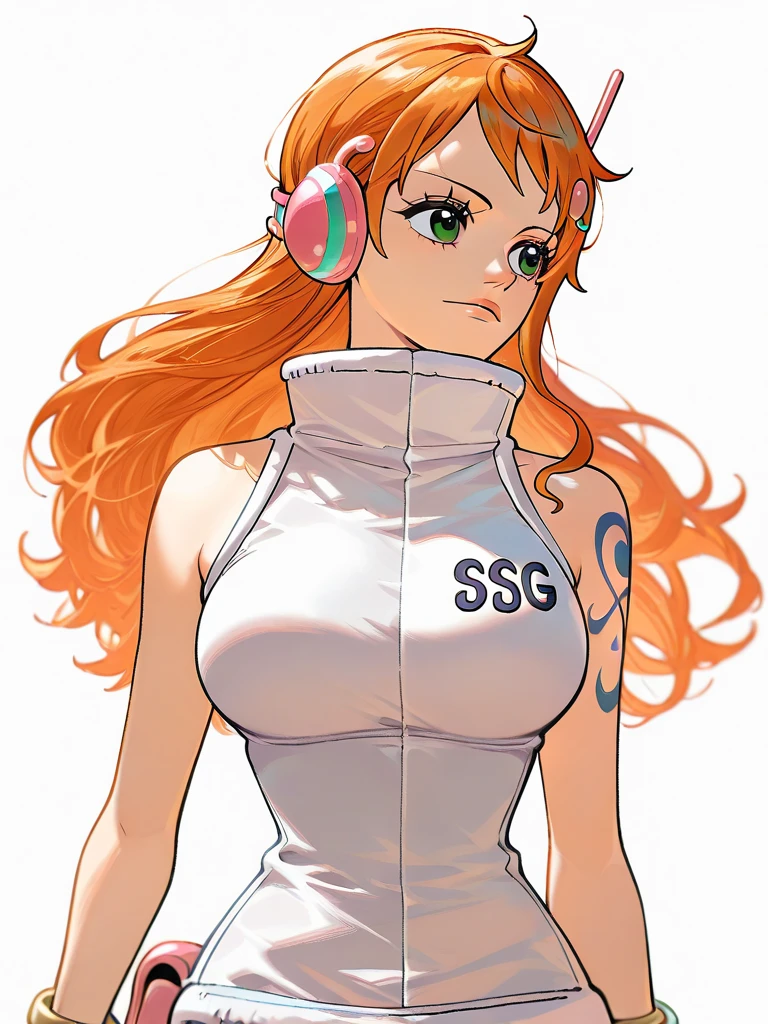 eggnami <lora:eggnami:0.9>, 1girl, solo, long hair, breasts, orange hair, headphones, sleeveless, brown eyes, nami, bracelet, jewelry, underwear, swimsuit, fur trim, white topwear, pink pouch, ((panties)), thick thighs, wide hips