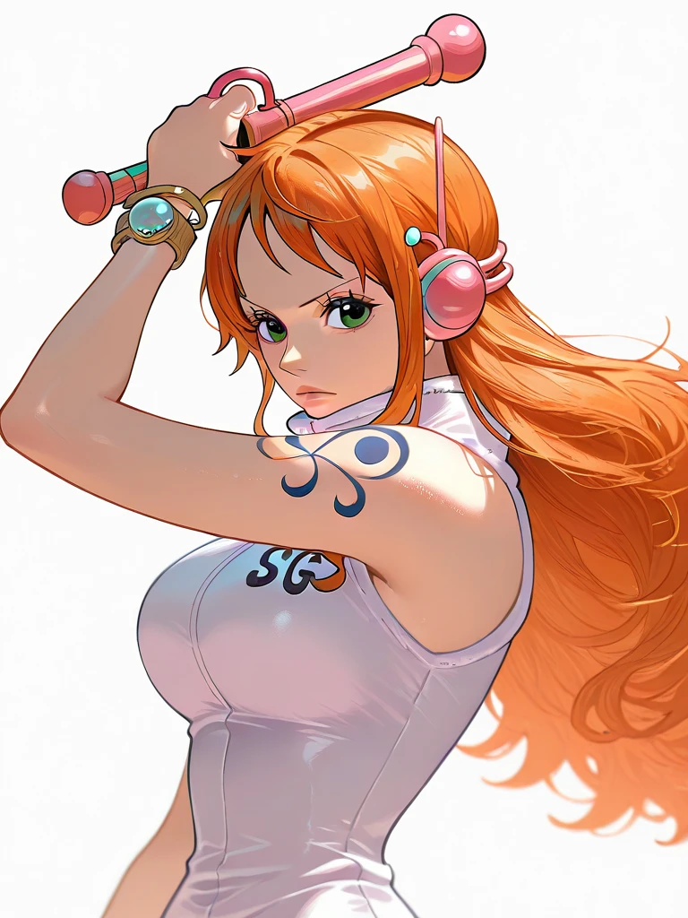 a cartoon picture of a woman in a bikini top and jeans, nami one piece, nami from one piece, nami, beautiful portrait of nami, from one piece, oppai, blue eyes, smoking, ponytail