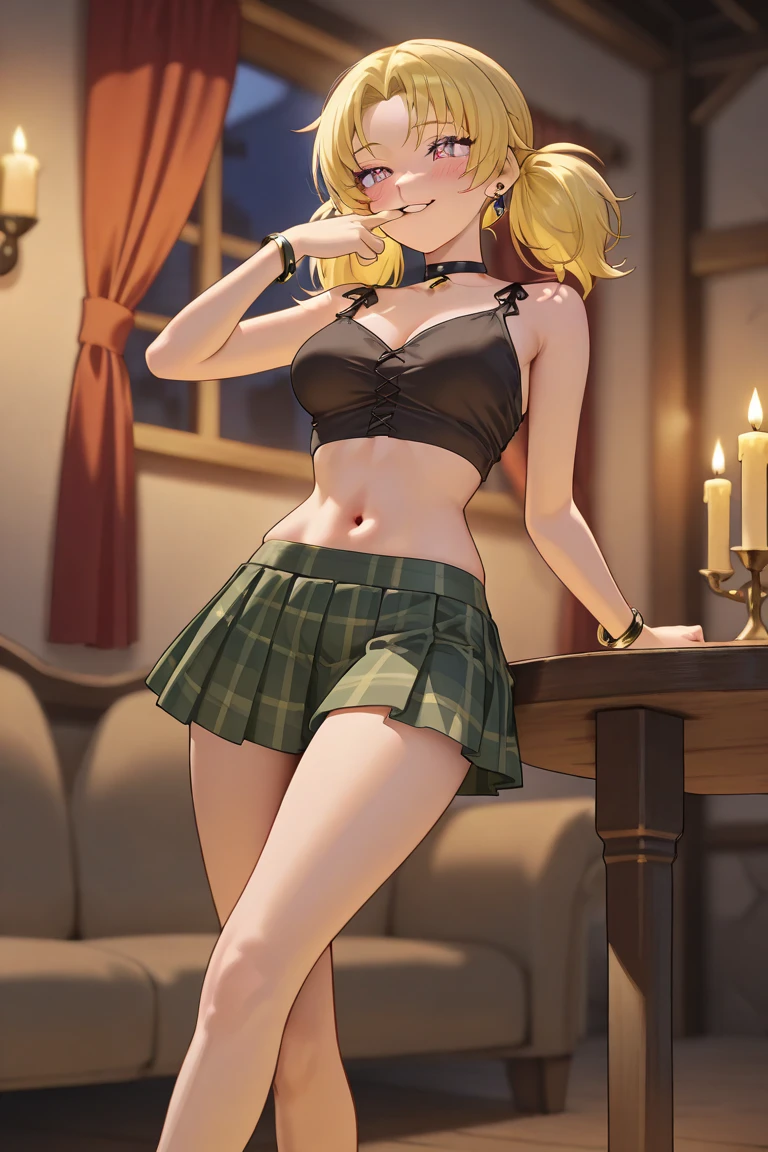(1girl), 1 girl reclining on couch,  ((smug expression)) (add_detail:1), lush hair, 1girl, blonde braids, (green neck scarf, white vest, green skirt, white elbow gloves, white thigh high socks,) blue eyes, , dramatic lighting, detailed skin texture, volumetric lighting, belly overhang