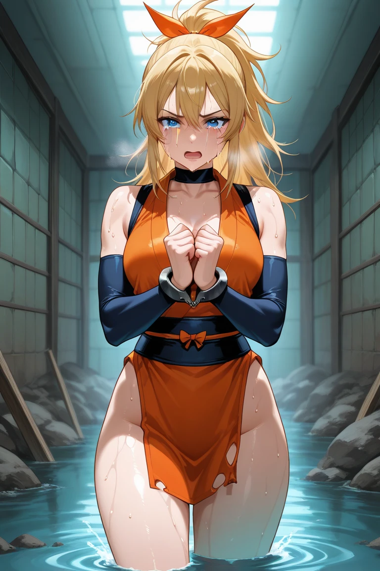 masterpiece, Highest quality, High resolution, (Artificial Human Room No. 18),1990s \(style\),(E-cup beautiful breasts)、height: 170cm,Sweat all over your body、muscular、((sexly))、(Browsing Caution),couple,Anime-style painting style, bionde, Blue eyes, (Orange karate uniform),Pearl_necklace, bracelet, short hair, Earrings,((sex))、（Perverted scenes of man and woman having sex）,(nsfw),(penis),(M-shaped legs),Exposed vagina、Inserting the penis into the vagina,Semen overflowing from the vagina,Composition focusing on the upper body,(Cool face)、(Pointed Eyes),(Ecstasy:2.0) ,(Last:1.2),(Vulgarity:2.0),(It&#39;in the mess:1.5),(vapour:1.5),(Wet:1.8),(trembling:1.8),(tears:1.7) ,(Drooling:1.6),(Sweat:1.8),Sleep on your back