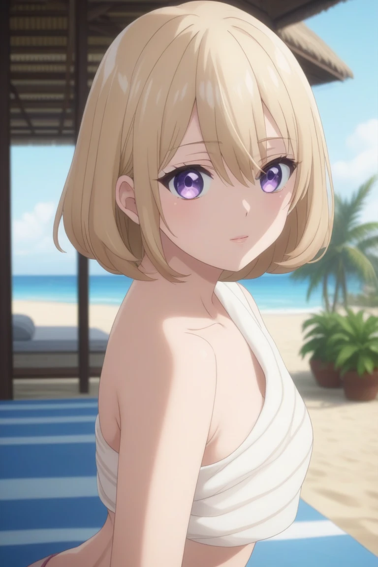 score_9, score_8_up, score_7_up, source_anime, rating_safe, intricate details, , looking at viewer, depth of field, 1girl, solo, sachi_umino, blonde hair, purple eyes, short hair, bangs, hair between eyes, panorama, beach, palm tree, bikini, indoors, light, standing on one leg, relaxed, , 