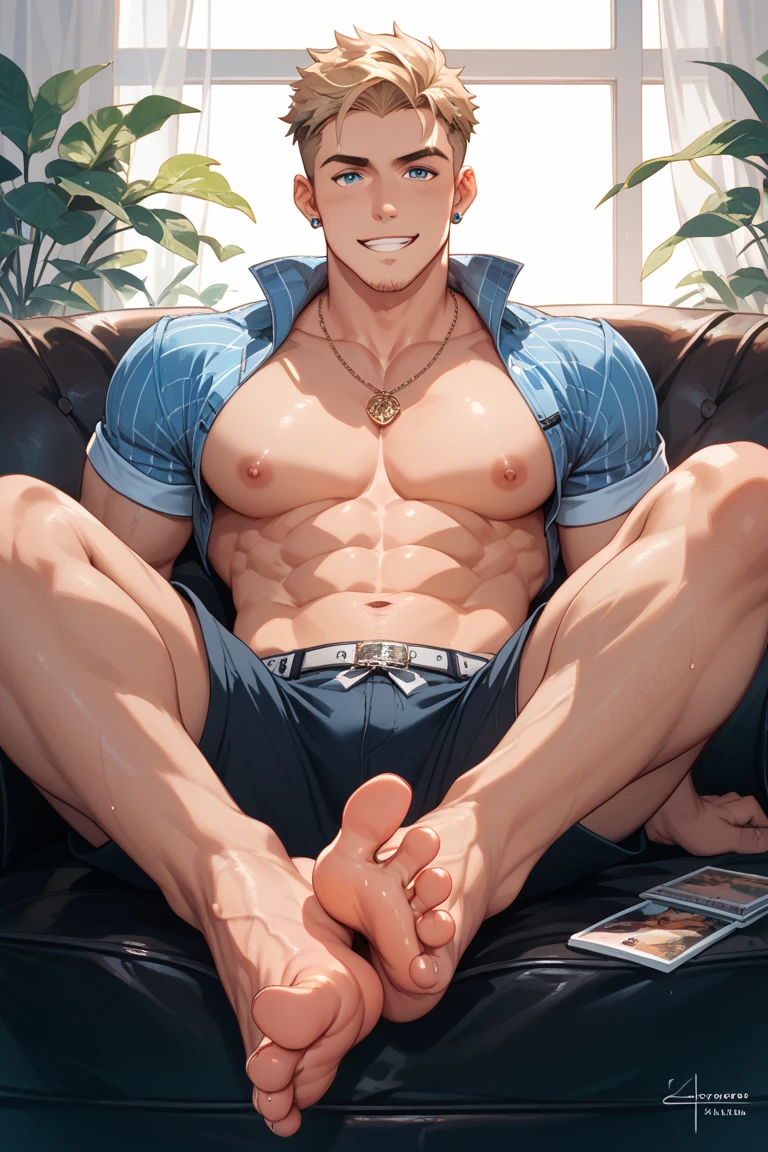Masterpiece, best quality, 1 boy, Gojo_Satoru, jujutsu-kaisen, sitting in a chair with his legs open, without a shirt and with tight pants showing his bulge
