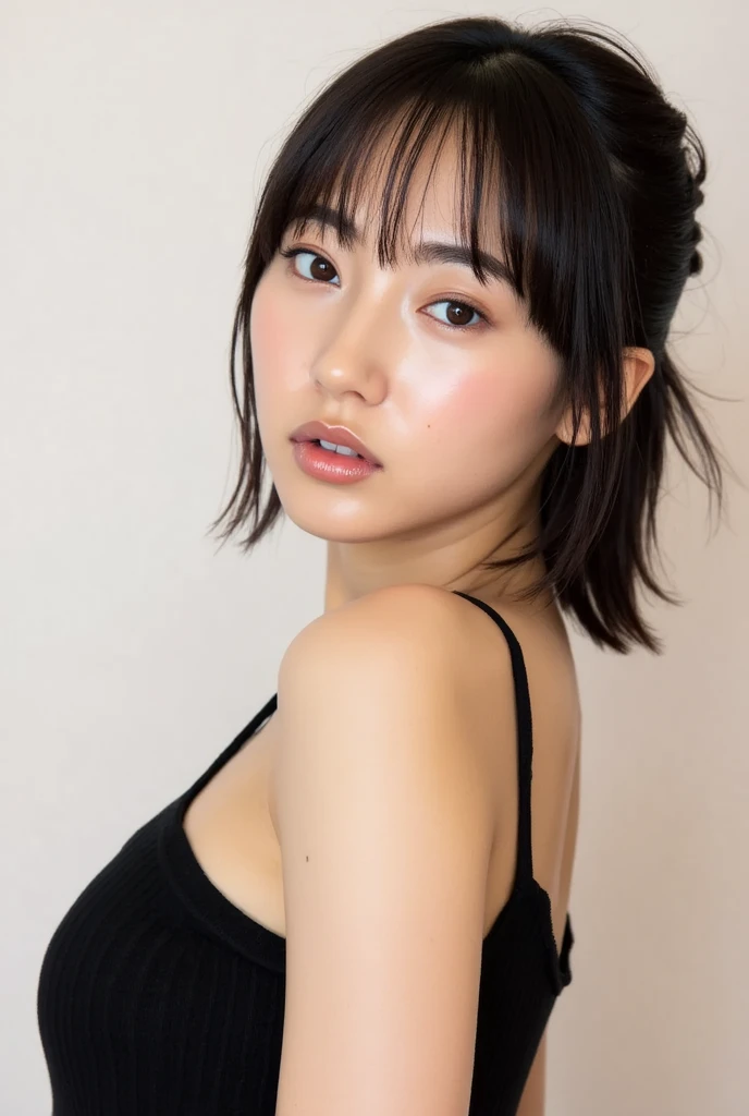 (highest quality,8k,32k,masterpiece,Ultra-high resolution:1.2),((Sexy expression:1.2)), ((Medium Hair,Beautiful bangs:1.5)), Positive, Professional Lighting, Flash photography, Shaded photo,((Cleavage:1.5)),((small breast)), whole body, Face Focus, Choker Necklace, Plain grey background, ((black clothes with a wide open chest:1.2, Tight clothing:1.2)), ((I can't look directly at the nipples:1.5, Know the shape of your nipples:1.6))