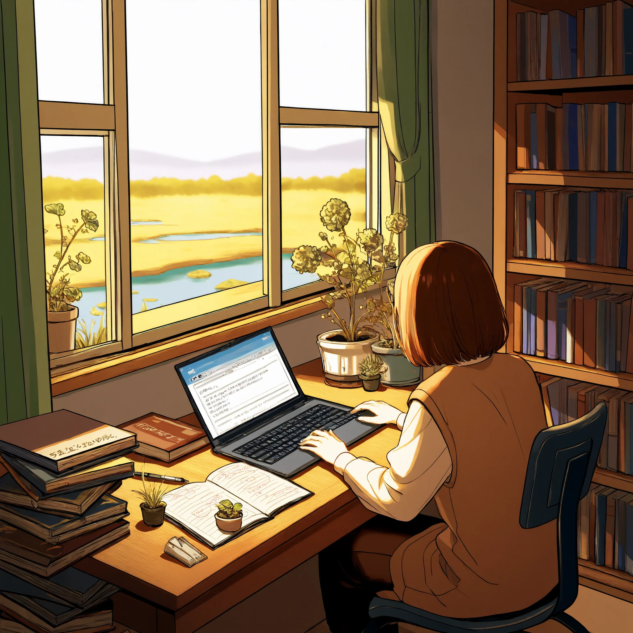 A woman is working in her room, She's opening her notebook, laptop, Some materials. and she's focused on writing or typing. Outside the window is a lake、On the bookshelf、 full of books , small plants in the background . The scene is peaceful and eager to study、